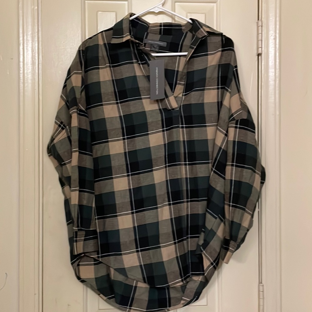 French Connection green plaid collard top. Size small